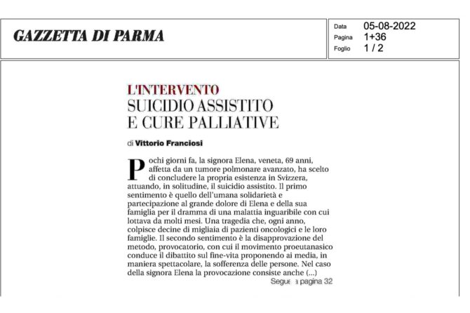 Suicidio assistito e cure palliative – Gazzetta di Parma di agosto 2022